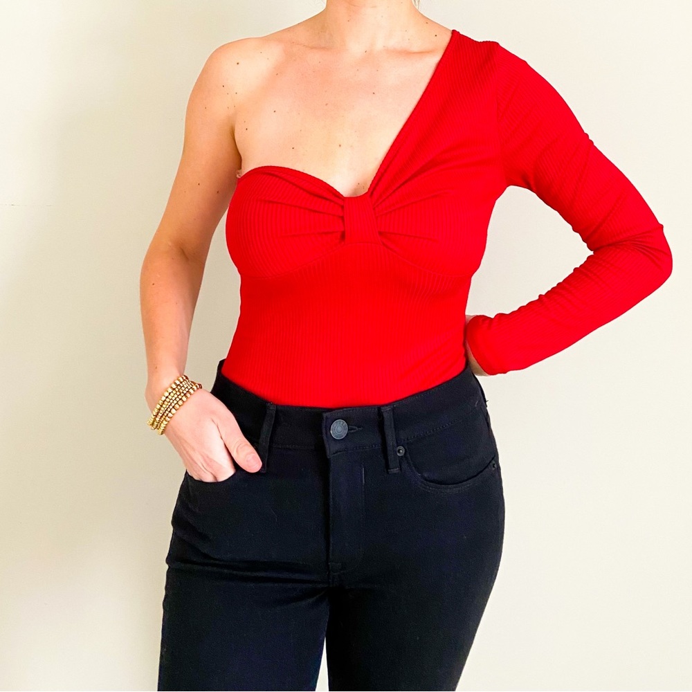 One shoulder red bodysuit